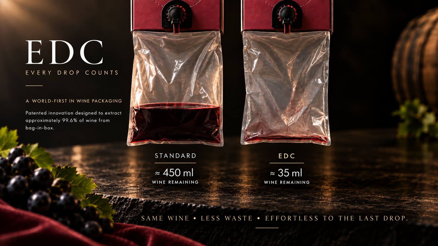EDC comparison showing approximately 450 ml wine remaining in a standard bag-in-box versus approximately 35 ml with EDC