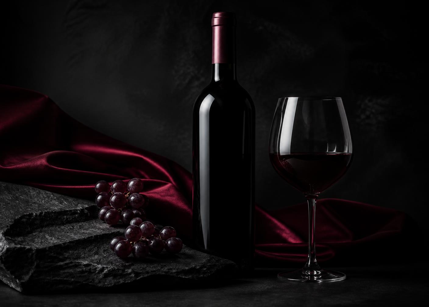 Rouge Noir red wine bottle and glass in deep burgundy low-key lighting