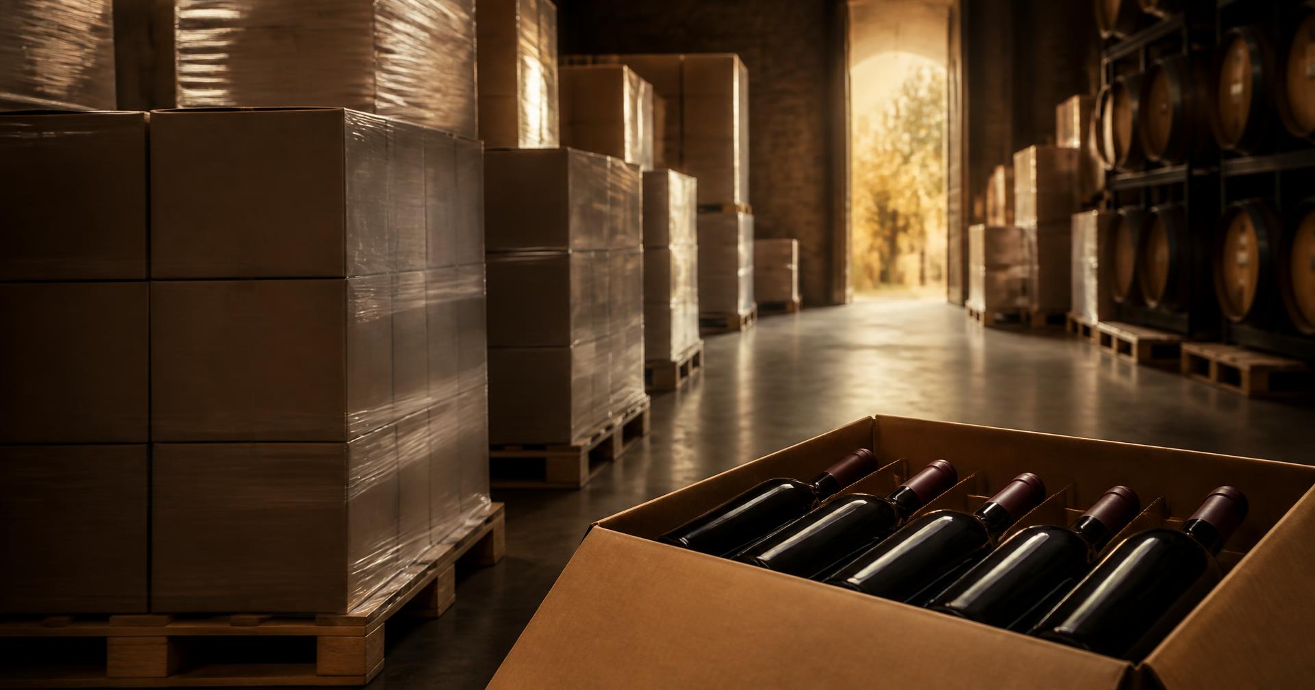 Palletised wine and an open case of bottles in a warm distribution warehouse